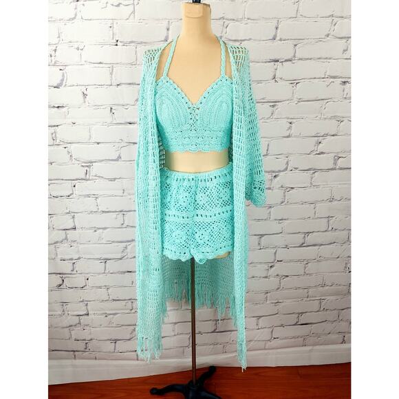 Crochet Set Shorts Halter Cardigan Womens S Teal Green Summer Beachy Tropical - Picture 4 of 12
